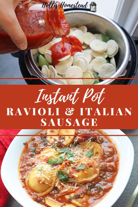 Instant Pot Ravioli - Hollis Homestead Instant Pot Ravioli Instant Pot Frozen Ravioli Recipes, Instant Pot Frozen Ravioli, Ravioli Instant Pot, Instant Pot Ravioli, Family Dinner Ideas Crockpot, Frozen Ravioli Recipes, Ravioli Dinner Ideas, Homemade Canned Spaghetti Sauce, Italian Sausage Peppers