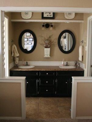 for the re-do of our new master bath - I love the oval mirrors - I'd want them to be a bit larger though. Double Sinks, Half Walls, Bathroom Closet, Bad Inspiration, Brown Bathroom, Black Cabinets, Bath Room, Beige Walls, Bathroom Colors