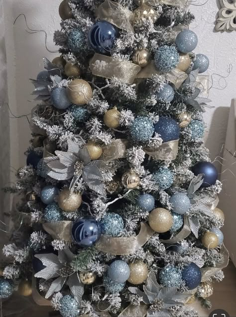 Gold And Baby Blue Christmas Tree, Christmas Tree 2024 Trends Bows, Gold Blue Silver Christmas Tree, Xmas Tree Blue And Silver, Powder Blue Christmas Tree, Light Blue Silver Copper Christmas Tree, Blue And Grey Christmas Decor, Blue Decorations Christmas Tree, Silver Gold And Blue Christmas Tree