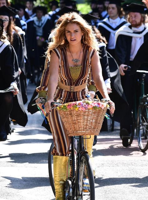 Lily James rocks a striped jumpsuit and gold platform boots as she films new scenes for Mamma Mia! as a young Meryl Streep Lily James Outfits, Young Meryl Streep, Gold Platform Boots, Mamma Mia Outfits, Mia Outfits, Mamma Mia 2, Donna Sheridan, Gold Platforms, Here We Go Again