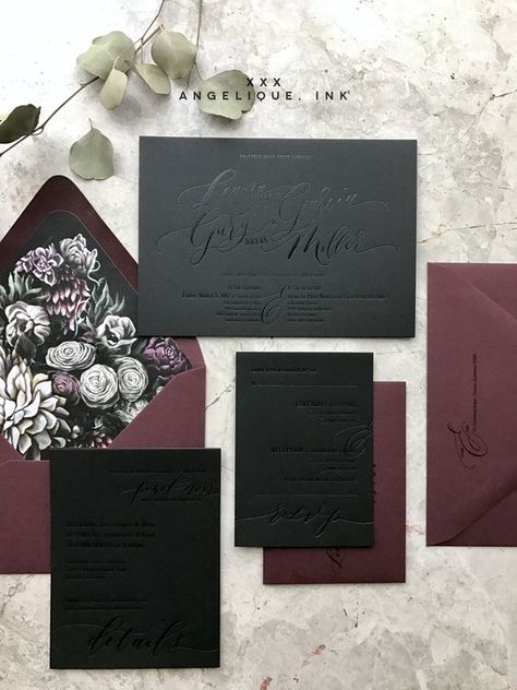 a gorgeous black and burgundy invitation suite with pressed calligraphy and floral lining Kad Perkahwinan, Dark Wedding Invitations, Luxe Wedding Invitations, Moody Florals, Black Wedding Invitations, Goth Wedding, Dark Wedding, Wedding Plan, Letterpress Invitations