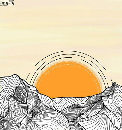 Sunrise Concept Art, Sunrise Line Art, Line Art Landscape Drawings, Mountain Aesthetic Drawing, Sunset Line Drawing, Sunset Line Art, Line Art Mountains, Line Art Landscape, Landscape Line Art