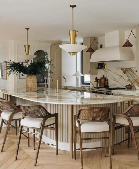 Shop this Instagram.self from @alchemyfinehome Marble Fluting, Bistro Style Kitchen, Curved Island, Curved Kitchen Island, Current Interior Design Trends, Modern Organic Design, Curved Kitchen, Paris Kitchen, Popular Interior Design