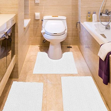 ACCUMTEK Striped White Bathroom Rug Set 3 Pieces Ultra Soft, Non Slip Chenille Toilet Mat, Absorbent Plush Shaggy Bath Mats for Bathroom, Bedroom, Kitchen, Ivory Pink Bathroom Rugs, Green Bathroom Rugs, Large Bath Rugs, Blue Bathroom Rugs, White Bathroom Rug, Bathroom Rug Set, Toilet Rug, Beige Bathroom, Bathroom Rugs And Mats