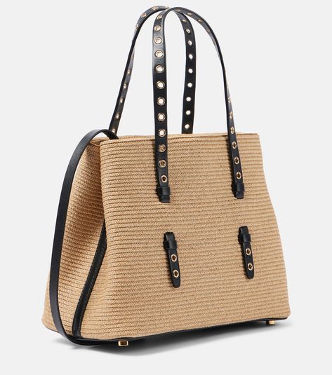 Mina 25 leather-trimmed raffia tote bag in neutrals - Alaia | Mytheresa Alaia Bag, Raffia Tote Bag, Prada Galleria, Medium Tote Bag, Miu Miu Bag, Large Leather Tote Bag, Gucci Ophidia, Spring Bags, Designer Tote Bags