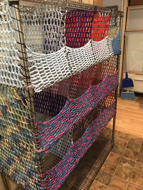 Use up scrap yarn.  Make storage bins on wire shelving. Yarn Storage Diy, Crochet Closet Storage, Scrap Yarn Storage, Yarn Shelves, Knitting Corner Room, Yarn Display Ideas, Cheap Yarn Storage Ideas, Diy Yarn Storage, Crochet Yarn Storage