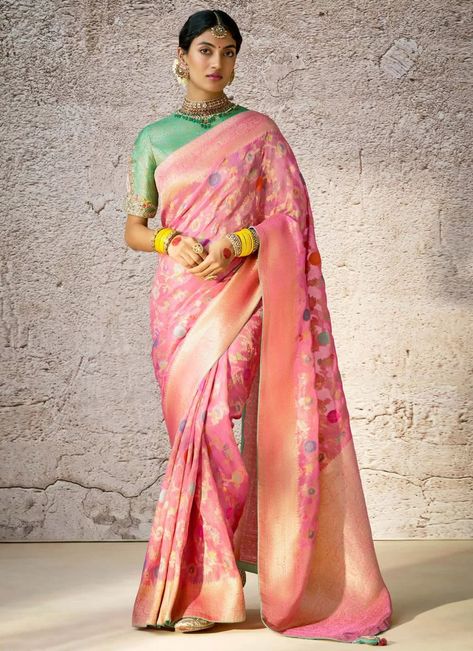 #saree #classicsaree #ceremonialsaree #festivalsaree #mehndisaree #banarasisilksaree #thredworksaree #wovensaree #contemporarysaree #embroideredsaree #sangeetsaree #treditionalsaree Saree Wedding Designer, Saris Indian, Indian Wedding Sarees, Ethnic Clothes, Pista Green, Frock Style, Bollywood Dress, Orange Saree, Purple Saree