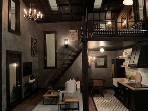 Custom miniature dollhouse loft Loft Dollhouse, Industrial Loft Sims 4, Loft Apartment Dollhouse, Victoria Farmhouse Dollhouse Interior, Victoria's Farmhouse Dollhouse Interior, Urban Loft, Modern Dollhouse, Loft Style, Miniature Dollhouse