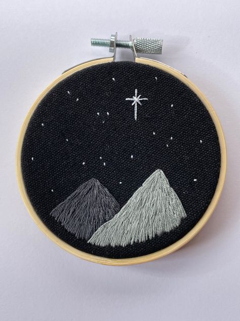 Embroidery Black Background, Embroidery On Black Canvas, Embroidery Black Fabric, Grey Mountains, Embroidery Things, Thread Painting, Simple Embroidery, Slow Stitching, Embroidery Craft