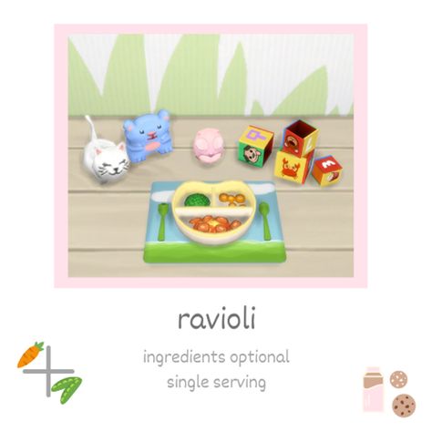 ravioli - toddler food | Littlbowbub on Patreon Sims 4 Littlbowbub, Sims 4 Food Patreon, Sims 4 Food Mod, Sims 4 Custom Food, Sims 4 Food Cc, Sims Food, Los Sims 4 Mods, Ts4 Mods, Sims 4 Kitchen