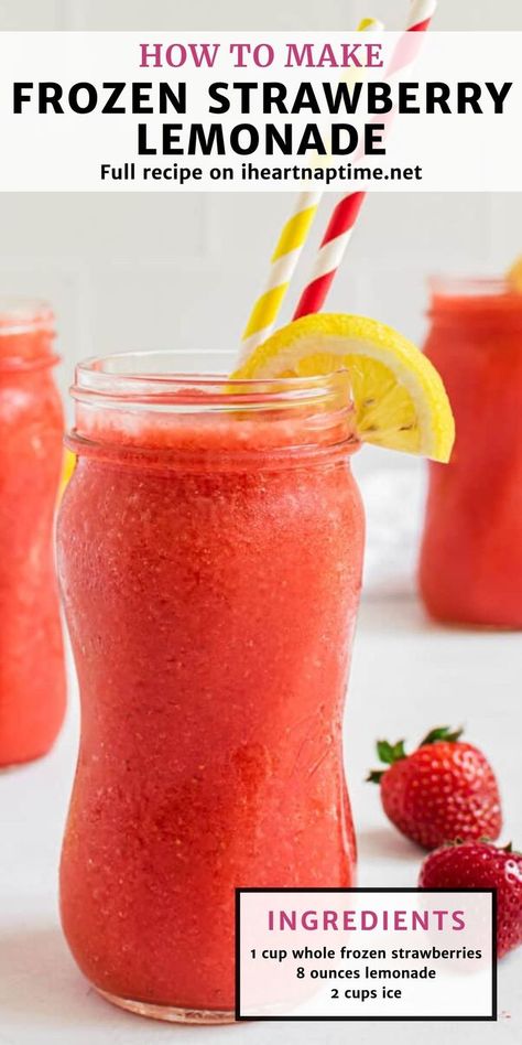 Frozen Strawberry Lemonade, Lemonade Slushies, Lemonade Smoothie, Strawberry Lemonade Recipe, Frozen Drink Recipes, Slushie Recipe, Frozen Strawberry, Strawberry Drinks, Summertime Drinks