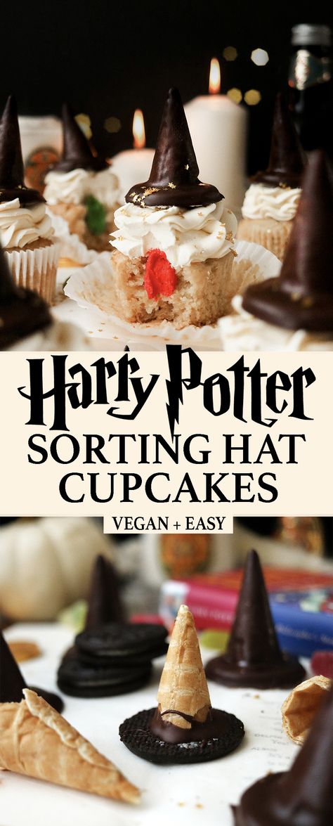 Harry Potter Cupcakes Sorting Hat, Harry Potter Sorting Cupcakes, Diy Harry Potter Cupcakes, Harry Potter Sorting Hat Cupcakes, Vegan Harry Potter Recipes, Harry Potter Snacks Ideas, Harry Potter Cupcakes Ideas, Harry Potter Muffins, Harry Potter Movie Night Snacks