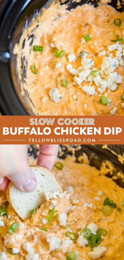 Slow Cooker Buffalo Chicken Dip is an easy appetizer made with chicken, cream cheese, Mozzarella cheese, Ranch and Buffalo sauce right in your crock pot. #crockpotrecipe #appetizer via @yellowblissroad Little Smokies With Grape Jelly, Smokies With Grape Jelly, Cheesy Rotel Dip, Dip With Sausage, Slow Cooker Buffalo Chicken Dip, Rotel Dip With Sausage, Crockpot Buffalo Chicken Dip, Cheese Dip Crock Pot, Healthy Buffalo Chicken Dip