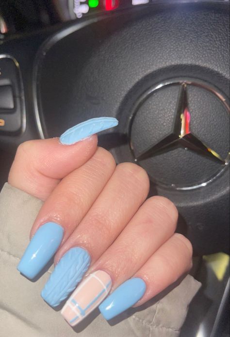 Easy Light Blue Nails, Nails In Blue Colors, Powdered Blue Nails, Spring Sweater Nails, Light Blue Sweater Nails, Orange Sweater Nails, Blue Burberry Nails, Winter Nails 2022 Trends Gel Blue, Powder Blue Nail Ideas