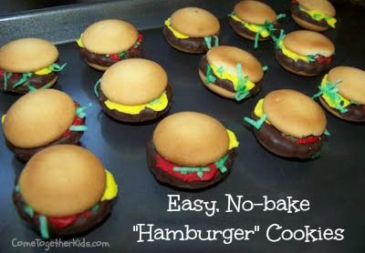 Easy, No-bake Hamburger Cookies Hamburger Cookies, Burger Cookies, Baked Hamburgers, Grasshopper Cookies, Mini Hamburger, Mini Burgers, Cookies For Kids, Green Food Coloring, Vanilla Wafers