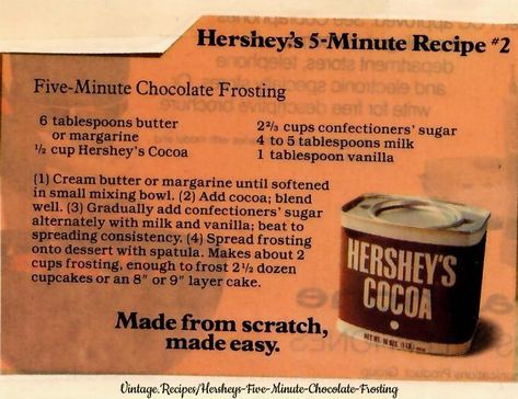 Hershey’s Five Minute Chocolate Frosting - vintage.recipes Hershey Chocolate Frosting, Hershey Chocolate Frosting Recipe, Hersheys Chocolate Frosting, Chocolate Icing Recipe, Hersheys Chocolate Cake Recipe, Milky Way Candy, Milky Way Cake, Chocolate Icing Recipes, Hershey Recipes