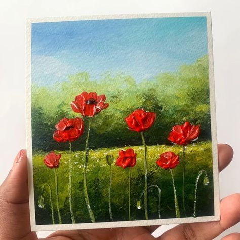 Easy Poppy Flower Painting, Orange Poppy Painting, Poppy Painting Acrylic, Red Poppies Painting, Poppy Flower Field, Poppy Field Painting, Red Poppy Painting, Poppy Flower Painting, Mini Toile