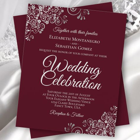 $1.27 | Lacy Silver on Burgundy BUDGET Wedding Invitation #budget friendly and affordable, wedding invitation, decorative curls and swirls, simple classy elegance, fancy floral filigree, stylish sophisticated and chic, elegant script lettering, glamorous and chic, burgundy or maroon background, ornate silver faux foil frills Burgundy And Silver Wedding, Maroon Background, Red Color Scheme, Wedding Invitations Floral, Silver Invitation, Silver Wedding Invitations, Elegant Wedding Venues, Burgundy Wedding Invitations, Budget Wedding Invitations