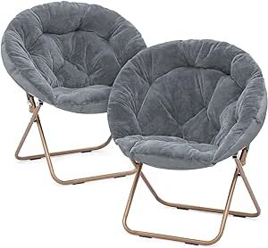 Magshion Round Foldable Oversized Moon Saucer Chair for Adults Large Cozy Chair for Bedroom, Gray, Set of 2 Saucer Chair, Lounge Chair Bedroom, Chair For Bedroom, Moon Chair, Folding Lounge Chair, Cozy Chair, Round Ottoman, Metal Frames, Lounge Seating