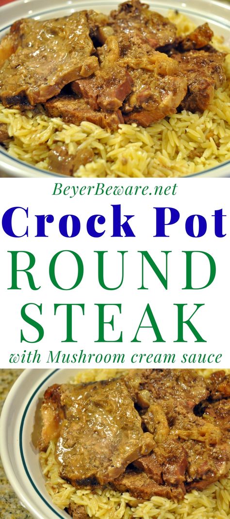 Crock Pot Round Steak with Mushroom Cream Sauce - Beyer Beware Crock Pot Round Steak, Crockpot Round Steak Recipes, Mushrooms Gravy, Tenderized Round Steak, Crockpot Steak Recipes, Beef Round Steak, Round Steak Recipes, Crockpot Steak, Facebook Recipes