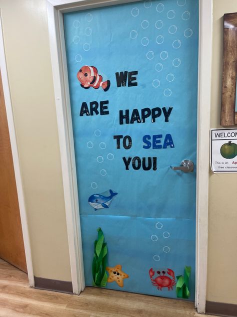 Preschool, classroom decoration, summer, ocean animals, Sea puns. Underwater Door Decorations Classroom, Beach Classroom Door Ideas, Whale Door Decoration, Ocean Door Decorations Classroom, Ocean Classroom Door Ideas, Under The Sea Classroom Door, Summer Classroom Door, School Methods, Class Door Decorations