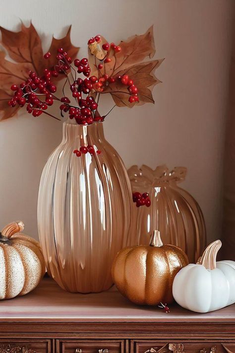 Experience autumn's magical charm with our captivating Amber Vase adorned with autumnal leaves, berries, and surrounded by glistening gold and white pumpkins. Elevate your space with this exquisite centerpiece, perfect for infusing your home with the warmth and allure of the season. Click the link below to embrace the beauty of fall and bring this enchanting vase home. Don't miss the opportunity to immerse yourself in the magic of autumn with this captivating Amber Vase! Autumn Vase, Autum Decorations, White Pumpkin Decor, Modern Vase, White Pumpkins, Autumn Cozy, Autumn Aesthetic, Amber Glass, Entryway Decor