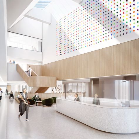 Rendering of a hospital lobby with biophilic designs and lots of sunshine Human Scale, Biophilic Design, Hospital Staff, Architecture And Design, Healing Powers, Innovative Design, Innovation Design, Sustainability, Healing