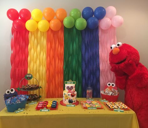 Sesame Street backdrop Elmo Photo Booth, Sesame Street Photo Backdrop, Sesame Street Birthday Backdrop, Sesame Street Backdrop, Plastic Tablecloth Backdrop, Toddler Classroom Decorations, Selfie Corner, Elmo First Birthday, Corner Ideas