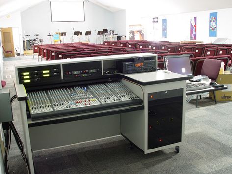 Sound Mixing Desk On Wheels Diy Music Studio, Live Sound Mixing, Church Stage Design Ideas Backdrops, Desk On Wheels, Sound Booth, Assembly Ideas, Music Desk, Church Building Design, Sound Board