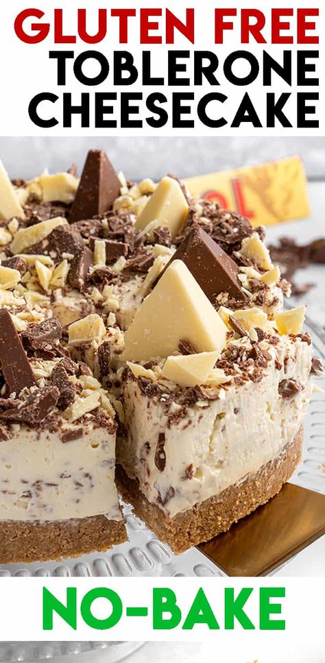 Toblerone Cheesecake No Bake, No Bake Toblerone Cheesecake, Christmas Cheesecake Gluten Free, Gluten Free No Bake Cheesecake Recipe, Toblerone Dessert Recipe, Easy Gluten Free Cheesecake No Bake, Gluten Free No Bake Recipes, Pudding Desserts Gluten Free, Gf Cheesecake Recipes