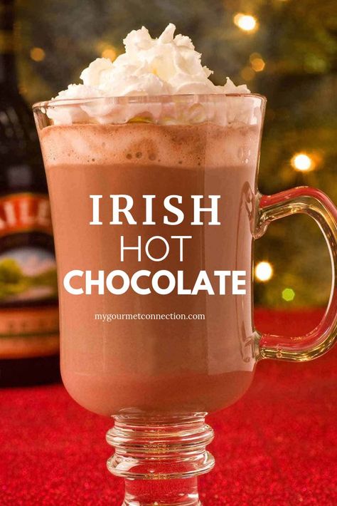 Homemade hot chocolate spiked with a shot of Irish cream liqueur is a delicious, warming winter treat. #irishhotchocolate #cocktail #recipe #mygourmetconnection Irish Hot Chocolate, Irish Cream Cocktail Recipes, Hot Tottie Recipe, Irish Cream Hot Chocolate, Hot Chocolate Spiked, Winter Hot Chocolate, Bar Alcohol, Recipes Winter, Winter Cocktails Recipes