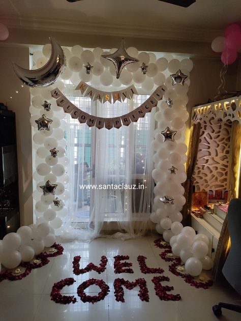 Welcome Balloon Decoration Ideas, Welcome Decoration Ideas Home Indian With Balloons, Surprise Welcome Home Decorations, Baby Homecoming Decorations, Welcome Home Balloons Ideas, Baby Welcome Decoration Home Indian, Baby Girl Welcome Decoration Ideas Home, Welcome Home Decorations Ideas Party, Welcome Baby Decoration Ideas At Home