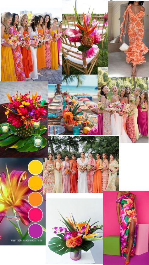 Tropical color palettes bridesmaids inspo Tropical Wedding Dress Bridesmaid, Jewel Bridesmaid Dresses, Tropical Wedding Theme Colors, Tropical Wedding Bridesmaid Dresses, Tropical Bridesmaid Dress, Fun Bridesmaid Dresses, Destination Wedding Bridesmaid Dresses, Tropical Glam Wedding, Tropical Wedding Dresses