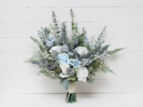 Dusty Blue White Bridal Bouquet Spring Bouquet Bridesmaid - Etsy Australia Blue And Green Bridesmaid Bouquet, Fall Dusty Blue Wedding, Dusty Blue And Sage Green Wedding, Boho Wedding Bridesmaid, Wedding Flowers Boho, Boho Wedding Bridesmaids, Wedding Bridesmaid Bouquets, Winter Bridal Bouquets, Blue Winter Wedding