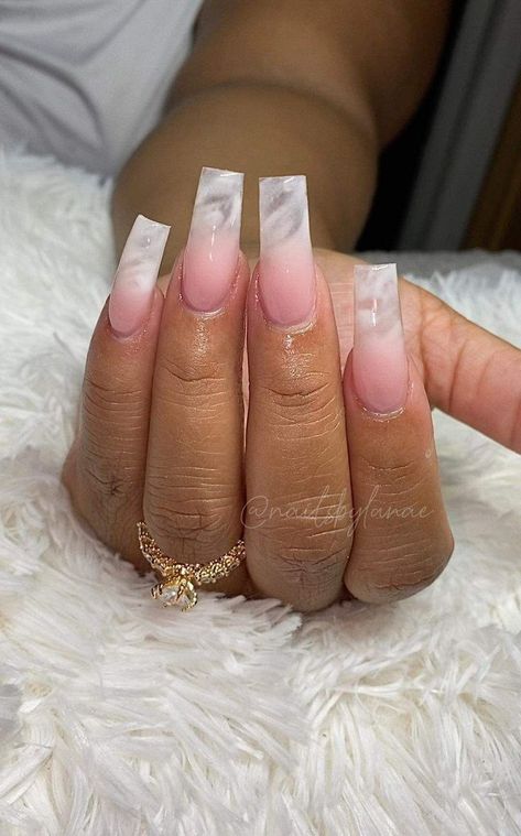 Milky White Marble Nails Acrylic, Long Tapered Square Nails French Tip, Long Acrylic Nails Square Ideas Pretty, Ombré Square Nails, Square Acrylic Nails Medium Length, Classic Acrylic Nails, Fashion Acrylic Nails, Ombre French Tip Nails, Acrylic Nails Medium Length