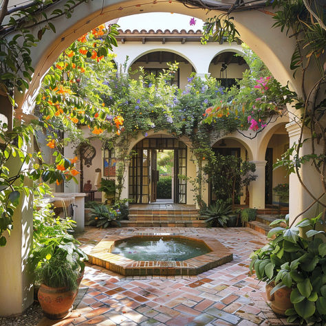 secluded tiled courtyard fountain mediterranean style lush bougainvillea olive trees jasmine vines arched entrances Hacienda Style Bathroom Spanish Revival, Traditional Moroccan House, Mediterranean Flooring, Old Spanish House, Mediterranean Bathroom Ideas, Mediterranean House Designs, Mediterranean Houses, Cement Home, Mediterranean Tiles