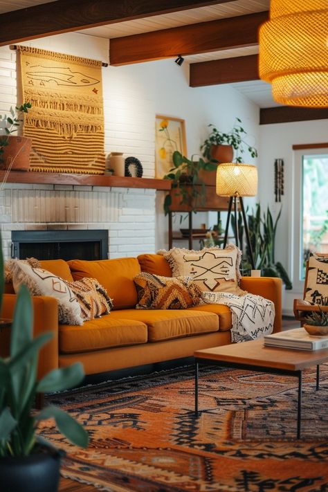 Large Home Decor Ideas, Mossy Green Living Room, Yellow Couches Living Room, Cozy Eclectic Home Living Room, New Mexico Interior, Midmod Boho, Yellow Couch Living Room Ideas, Colorful Scandinavian Interior, Boho Mid Century Modern Living Room