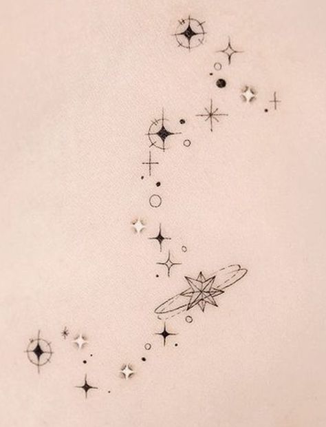 Stars And Galaxy Tattoos, Wrap Around Space Tattoo, Stars Arm Tattoo Sleeve, Scattered Stars Tattoo, Celestial Tattoo Designs, Small Celestial Tattoo Ideas, Stars Hip Tattoo, Star Wrap Around Tattoo, Dainty Celestial Tattoo