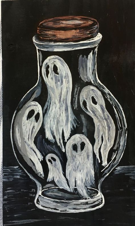 Cute Ghost Painting Ideas, Halloween Canvas Art Diy, Black And White Painting Ideas On Canvas, Halloween Drawings Ghost, Ghost Painting Aesthetic, Big Canvas Painting Ideas Easy, Halloween Canvas Painting Ideas, Ghost Acrylic Painting, Halloween Painting Ideas On Canvas