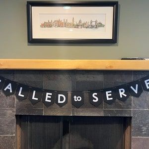 This super cute card stock and vinyl banner is the perfect decoration for mission call openings, mission farewells, homecomings, and more! It is a card stock and vinyl banner strung with brown jute with neutral colors of black and white. Each base shape is approximately 5X7 inches. The banner hanging in the photo is a little under 6 ft but had about 1-2 extra ft of jute after being hung up. Mission Farewell, Called To Serve, Mission Call, Disney Countdown, Lds Missionary, Vinyl Banner, Pennant Flag, Vinyl Banners, Vinyl Lettering