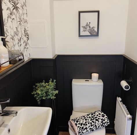 Men’s Half Bathroom, Half Black Bathroom Wall, Dark Bathroom Panelling, Bathroom Black Paneling, Black Panelled Bathroom, Small Black Toilet Room, Black Panelling Toilet, Black Panel Bathroom, Black Half Wall Bathroom