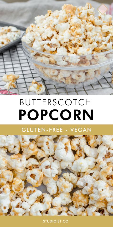 Gluten Free Popcorn Recipes, Popcorn Flavoring, Vegan Butterscotch, Butterscotch Popcorn, Gourmet Popcorn Recipes, Vegan Butter Substitute, Gluten Free Popcorn, Vegan Feast, Movie Night At Home