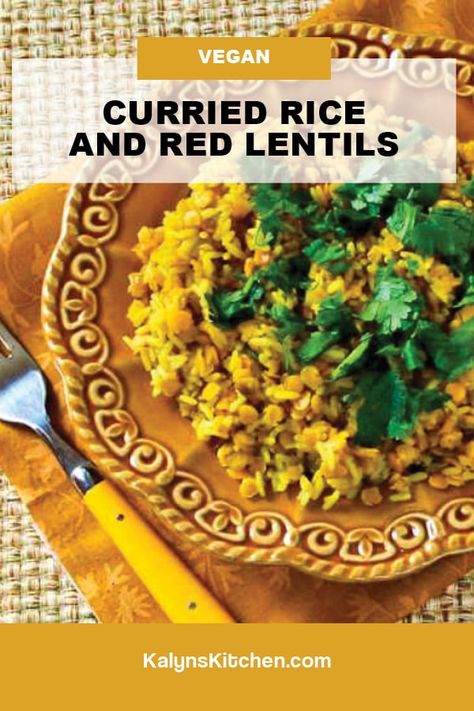 Curried Rice and Red Lentils is a delicious side dish or a meatless main dish, and because you use vegetable stock this recipe is vegan. [found on KalynsKitchen.com] #CurriedRiceRedLentils #CurriedRiceandLentils #RiceRedLentils Curried Rice, Lentil Casserole, Legumes Recipes, Meatless Dinners, Lentil Dishes, Lentils And Rice, Meatless Recipes, Rice Side Dishes, Curry Rice