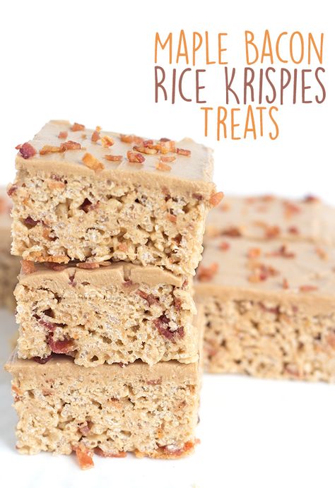 Sweet and salty lovers, these maple bacon rice krispies treats are for you! They have bits of savory bacon throughout them and maple frosting on them. Bacon Dessert Recipes, Bacon Rice, Bacon Desserts, Maple Frosting, Krispie Treats Recipe, Rice Recipes For Dinner, Rice Krispies Treats, Krispies Treats, Cereal Treats