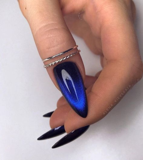 Black And Blue Nails, Blue Stiletto Nails, Dark Blue Nails, Purple Acrylic, Stiletto Nails Designs, Cat Eye Nails, Dark Nails, Holographic Nails, Chic Nails