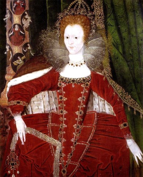 1596 Queen Elizabeth I (1533–1603) and the Cardinal and Theological Virtues by ? (Dover Collections - Dover UK) | Grand Ladies | gogm Borgias Costumes, 16th Century Fashion, Elizabethan Era, Tudor Dynasty, Tudor Era, Woman In Red, Tudor History, Anne Boleyn, Queen Of England