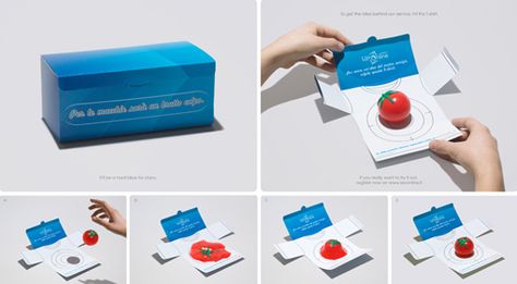 "LavOnline: Tomato Splat"    This campaign helped raise awareness for a laundry service and makes excellent use of some interesting materials. Consumers were sent a box containing a squishy toy tomato that could be thrown at the printed shirt on the inside of the box. The tomato completely flattens out and sticks to the box, only to gather itself up (cleaning the shirt) and become a full round tomato again. Mail Inspiration, Mailing Design, Direct Mailer, Direct Mail Design, Direct Mail Marketing, Creative Design Agency, Dm Design, Business Articles, Mail Marketing