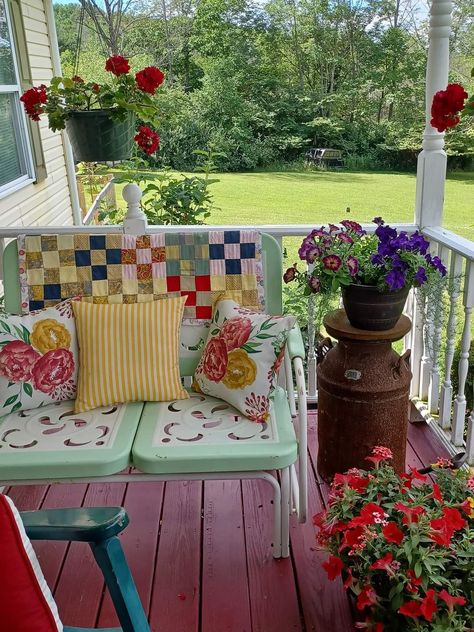 Retro Porch Decor, Hippy Front Porch, Retro Porch Furniture, Whimsical Front Porch, Colorful Porch, Screened In Porch Colorful, Eclectic Screened In Porch, Cabin Porches, Small Porch Decorating