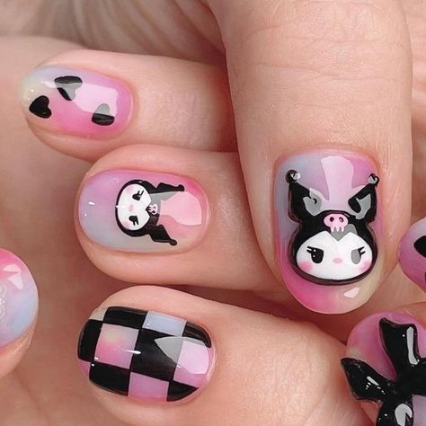 Kuromi Nails Short Simple, Kuromi Nails Short, Uñas Kuromi, Kuromi Nail Art, Sanrio Nail Art, Gel Nails Cute, Cute Nails Ideas, Kuromi Nails, Make Nail Art