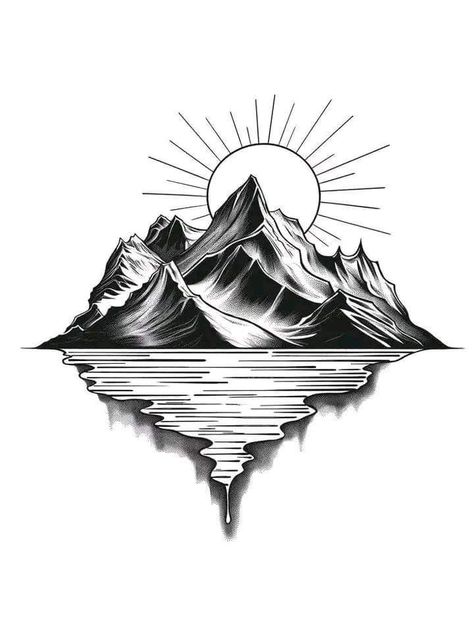 Mountain And Sunrise Tattoo, Sun And Mountains Tattoo, Mountain Sun Tattoo, Sun And Mountain Tattoo, Mountain And Sun Tattoo, Mountain Landscape Tattoo, Drawing Of Sun, Line Art Mountains, Ink Reference